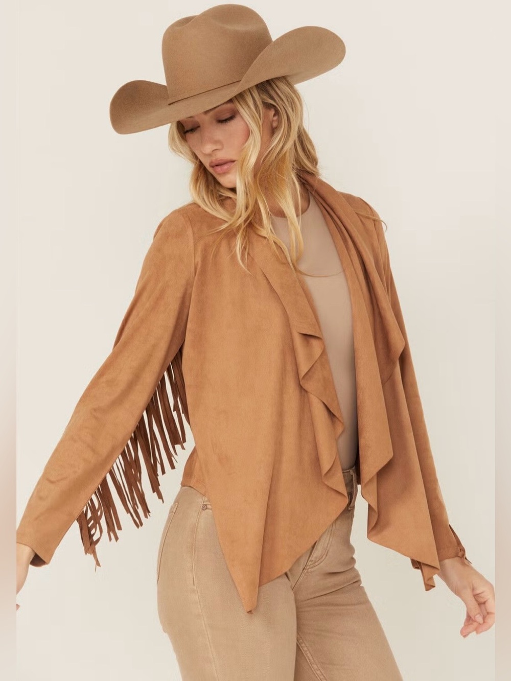 Grace & Lace Faux Suede Fringe Open-Front Jacket in Camel Western Festival